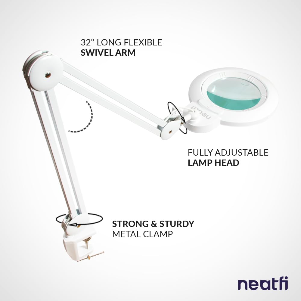 Neatfi Xl Bifocal Led Magnifying Lamp, 7-Inch Lens, 5D/20D Magnification, Hands-Free, Dimmable, 84 Smd Led, Adjustable Arm For C