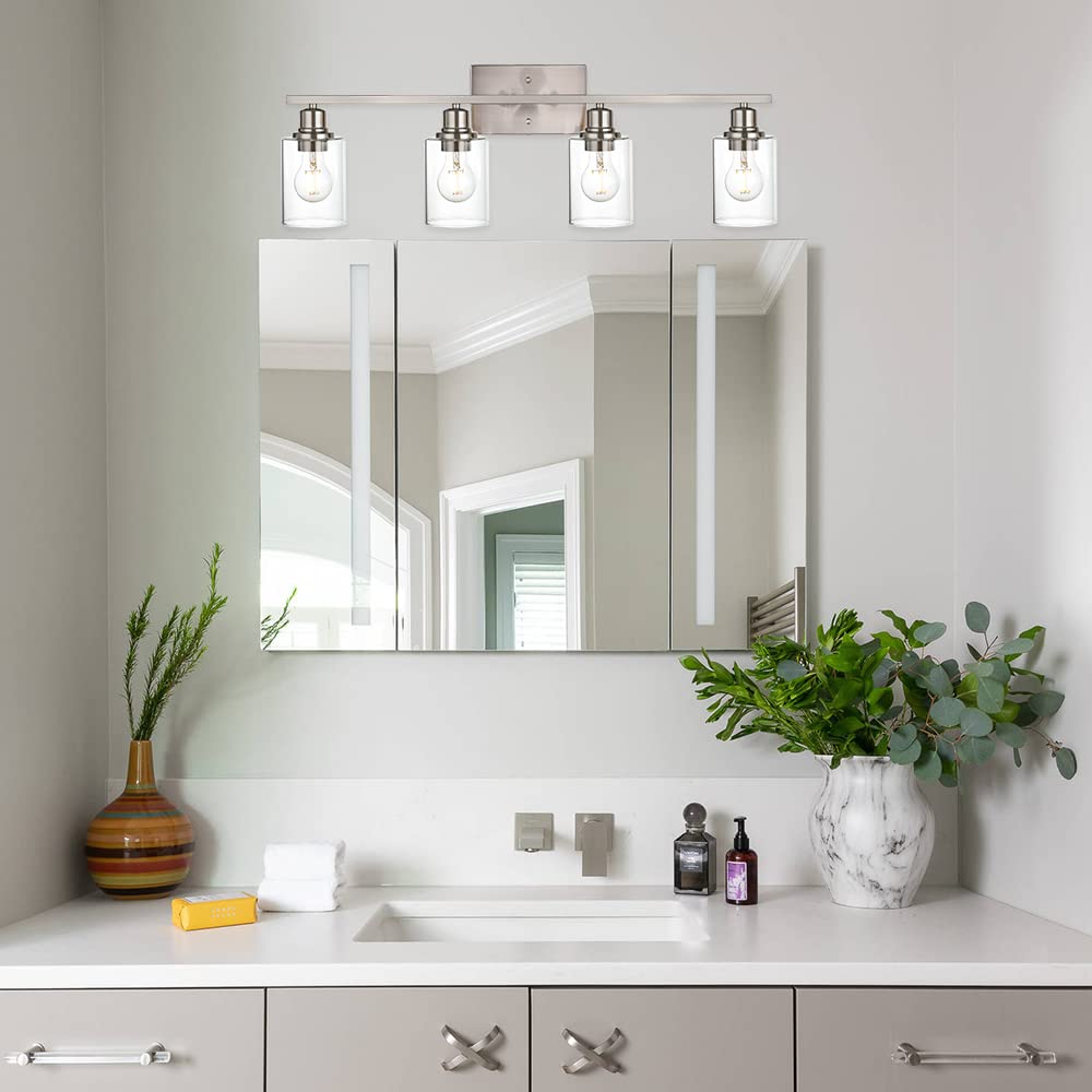 VINLUZ 4 Light Wall Sconce, Brushed Nickel, Clear Glass Shade, Metal Base, Bathroom Vanity Lighting Fixture