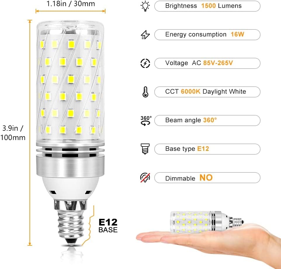 inShareplus E12 LED Bulbs, 12 Pack - Daylight 6000K, 16W, 1500LM, Non-Dimmable Candelabra Chandelier Bulbs