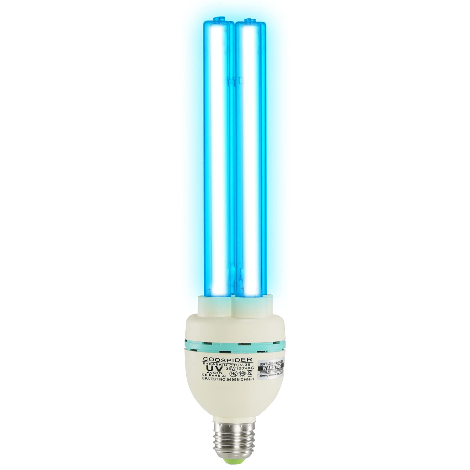 COOSPIDER UV Light Bulb, 36W UVC Germicidal Lamp for Odor and Mold Removal, E26 110V, White, 1 Count
