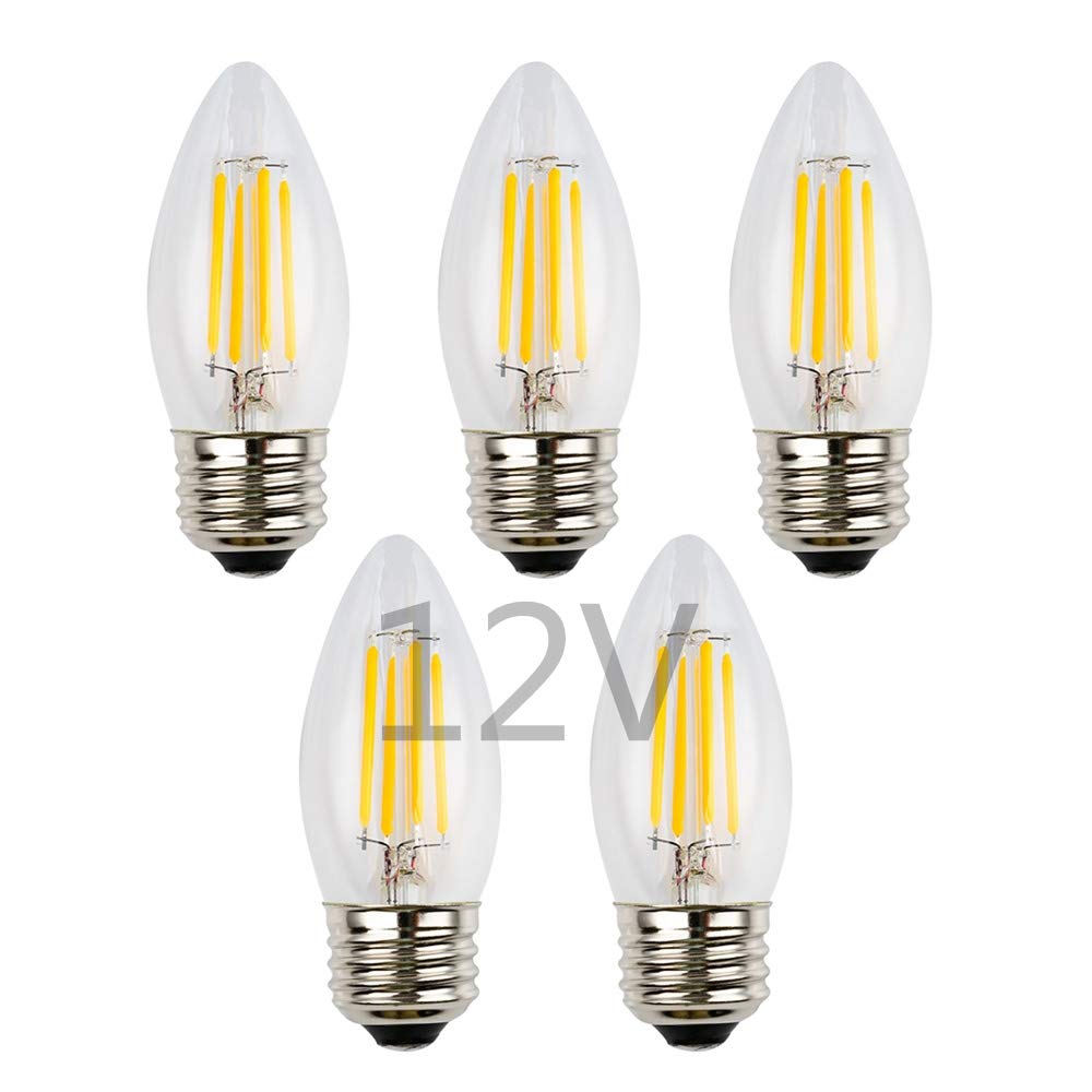 OPALRAY 4W LED Bulb, Dimmable, E26 Base, Warm White, 400Lm, 12V-24V, 5 Pack, Clear Glass Torpedo
