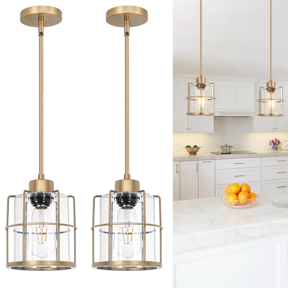 Modern Brass Pendant Light Kitchen Island Set Of 2  Farmhouse Gold Pendant Light With Clear Cylinder Glass  Adjustable Rod Bathroom Pandand Light Over Sink  Small Hanging Lighting For Home Decor  E26