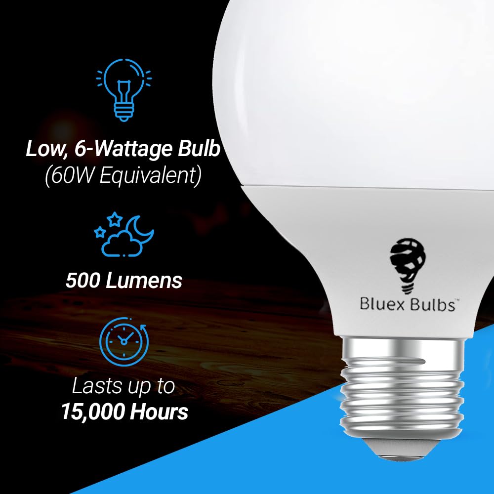 Bluex Bulbs G25 LED Vanity Globe Light Bulbs 6W, 3000K Warm White, E26 Base, Non-Dimmable, 4 Pack, 500 Lumens