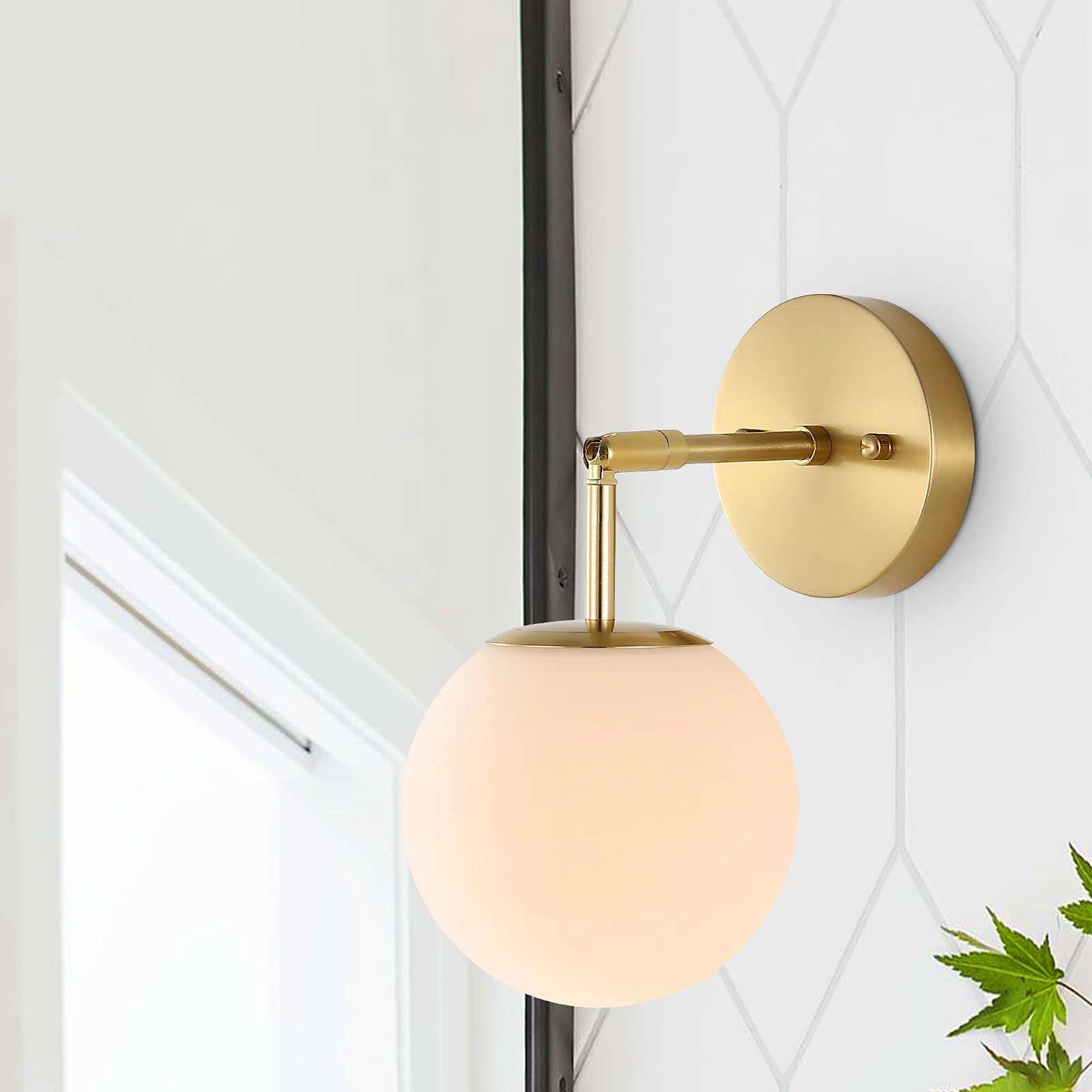 Baoden Modern Wall Sconce Industrial Mid Century Bathroom Vanity Wall Light With White Globe Glass Lampshade Brushed Brass Finis