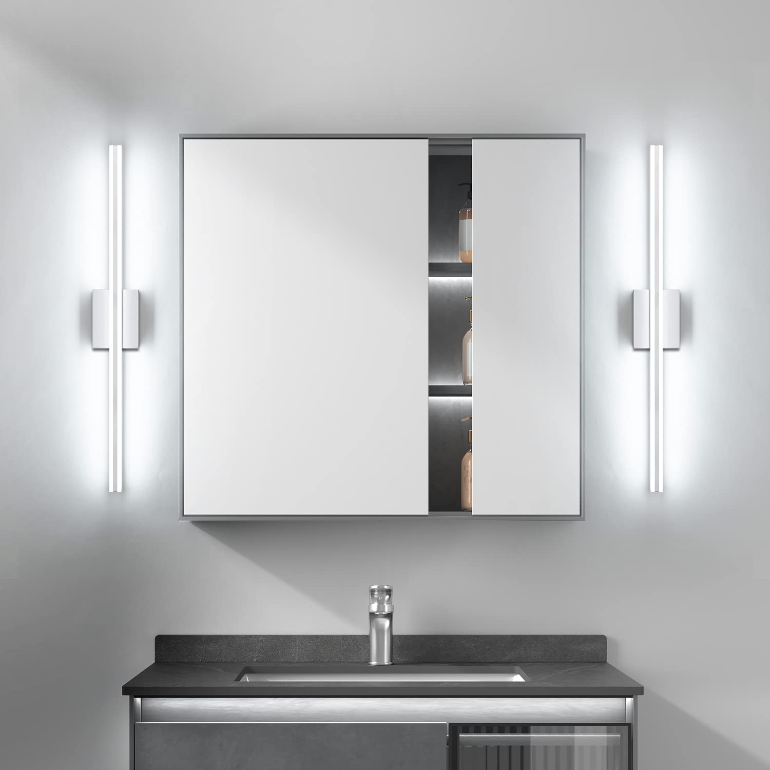 SOLFART Bathroom Vanity Lights Over Mirror 31.8 Inch LED Brushed Nickel Aluminum S8200-810mm-Silver