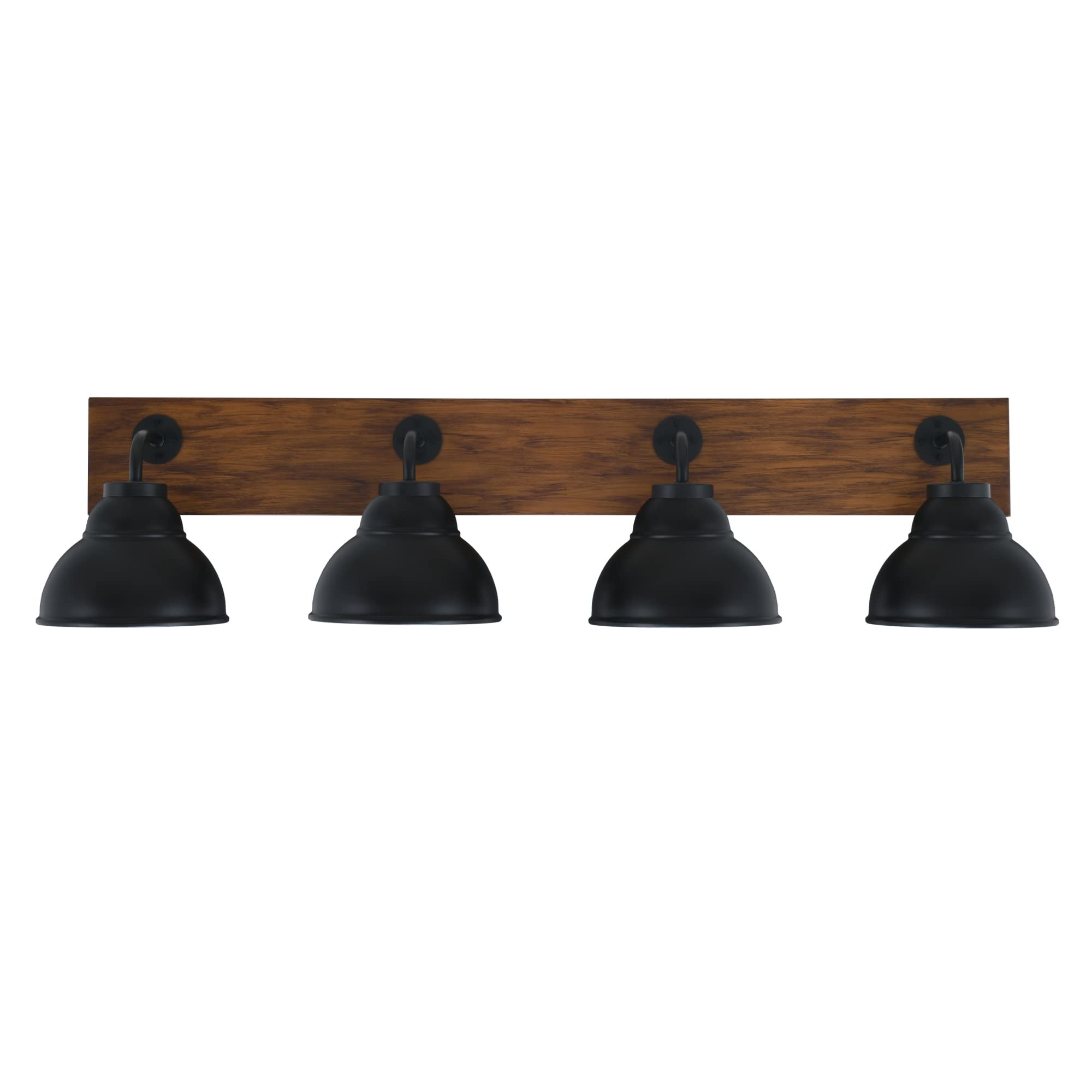 Oxbridge 4 Light Bath Bar In Matte Black & Painted Wood-Look Metal Finish With 7" Matte Black Double Bubble Metal Shades
