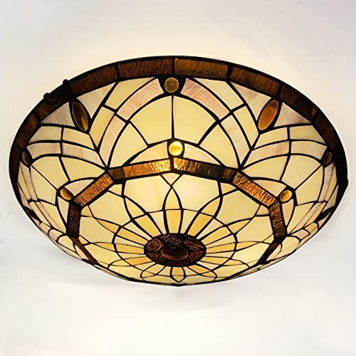 ARTZONE Tiffany Ceiling Lights  Stained Glass Ceiling Light 3-Lights 16 Inch Tiffany Flush Mount Ceiling Light Fixture for Bedroom Dining Living Room Entryway Foyer(Amber Brown)