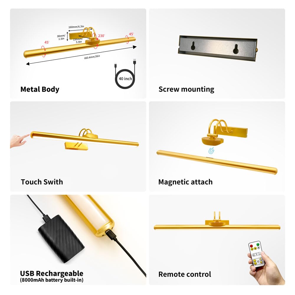TIAUEU Wireless Picture Light, 26" Dimmable Art Display Light, Rechargeable Battery, Remote Control, Full Metal, Gold - 1 Pack