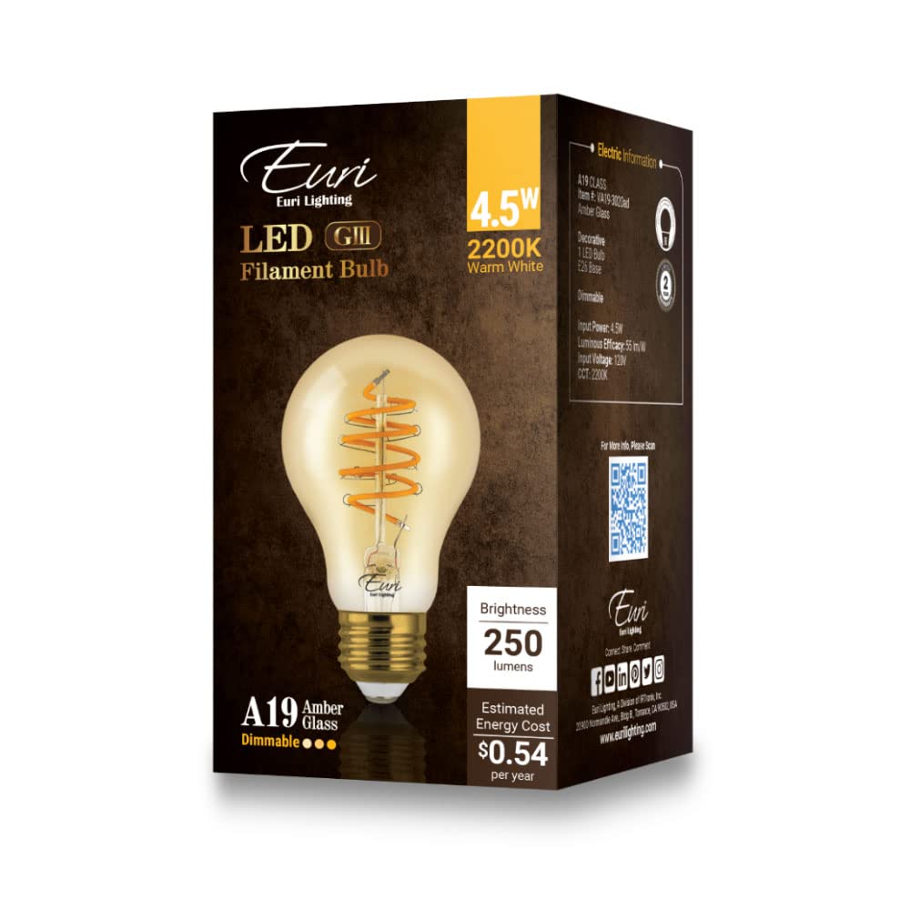 Euri Lighting Dimmable Led A19 Filament Bulb, Warm White 2200K, 4.5W,