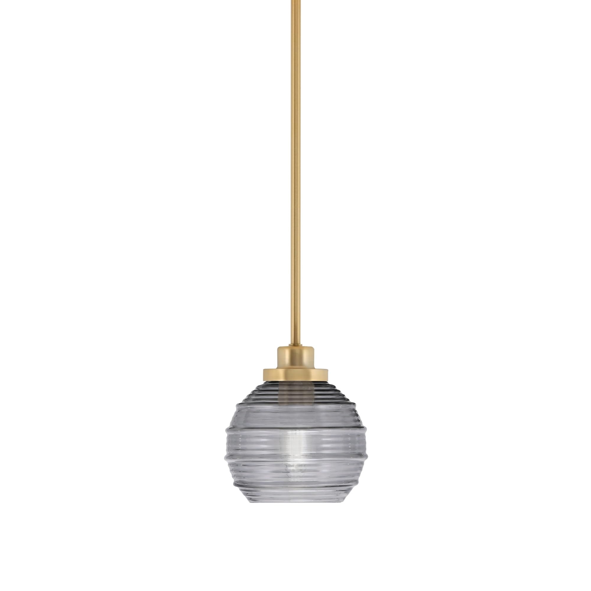 Toltec Lighting Odyssey Mini Pendant - New Age Brass Finish, 6in Smoke Ribbed Glass