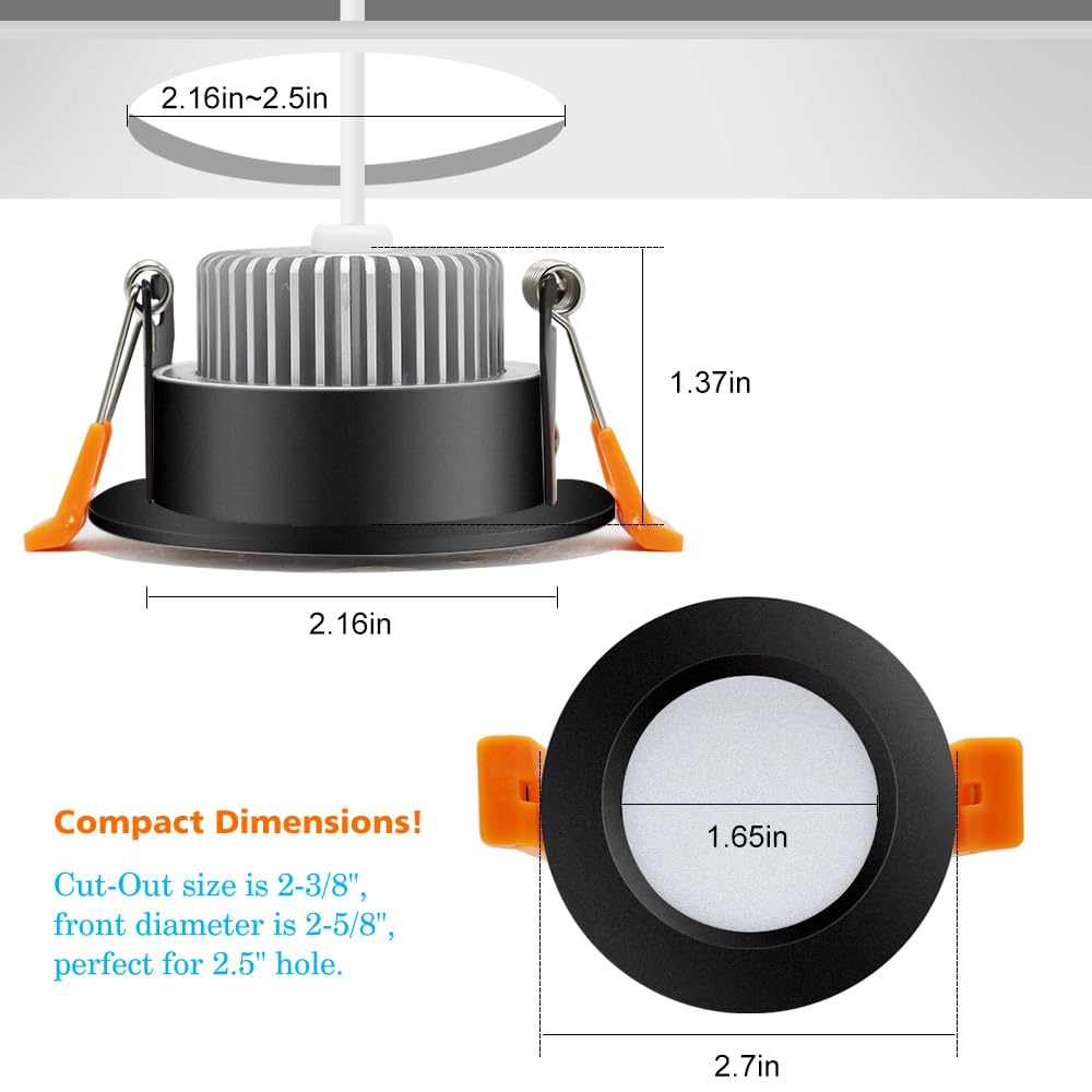 LightingWill 2 Inch LED Downlight, Dimmable Ceiling Light, 3W, 2700K, Black, 12 Pack, CRI80, Includes LED Driver