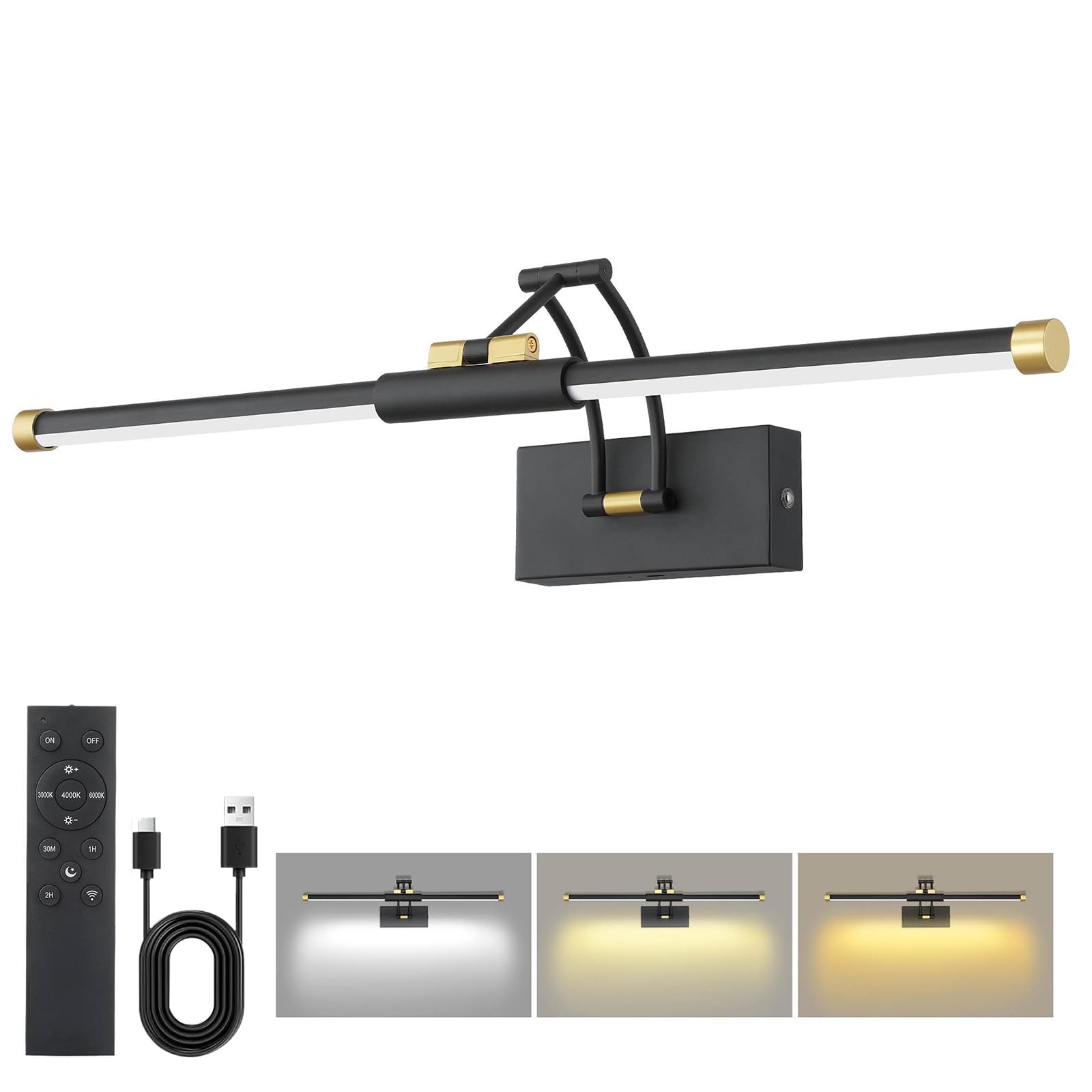 24 Picture Lights For Wall Battery Operated  Wireless Picture Lights With Remote  Rechargeable Wall Light 3000K/4000K/6000K Dimmable  Art Lighting For discomfort-reducingtings Frame Gallery Dartboard  Black Gold
