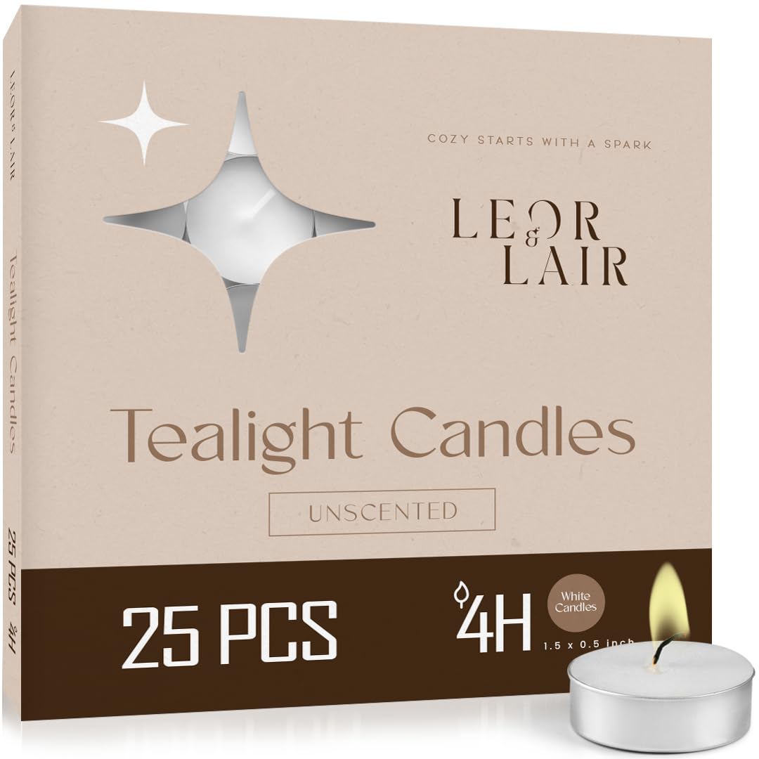 Leor & Lair Tea Lights Candles for Power Outage Emergency - 25 Pack - 4 Hour Long Burn Tealight Candle - Paraffin Palm Wax Blend