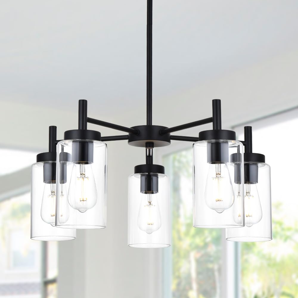 VINLUZ 5 Light Contemporary Black Chandelier, Metal with Clear Glass Shade, Model 1810-5-11, Ideal for Dining Room or Bedroom