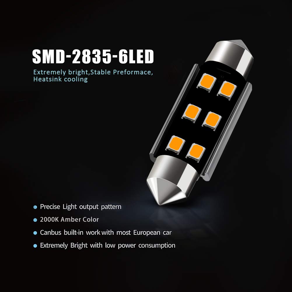 AUXLIGHT LED Interior Light Bulbs, Amber Yellow, 41MM, Error Free, 6SMD Chips, Pack of 6