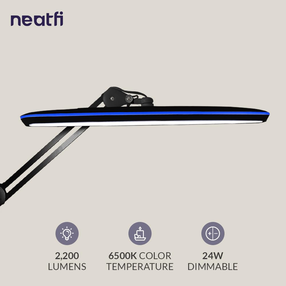 Neatfi XL LED Task Lamp, 2200 Lumens, 24W, 4-Level Dimmable, Adjustable Arm, Black, Model 9503LED