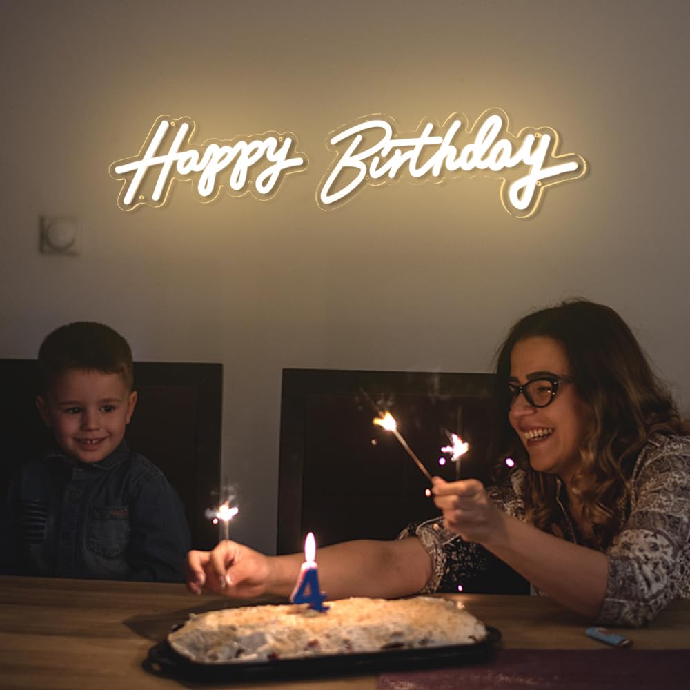 divatla Happy Birthday Neon Sign - 3 Color Modes, USB, Dimmable - 17inx12in or 30inx14in - Warm, Warm White, White