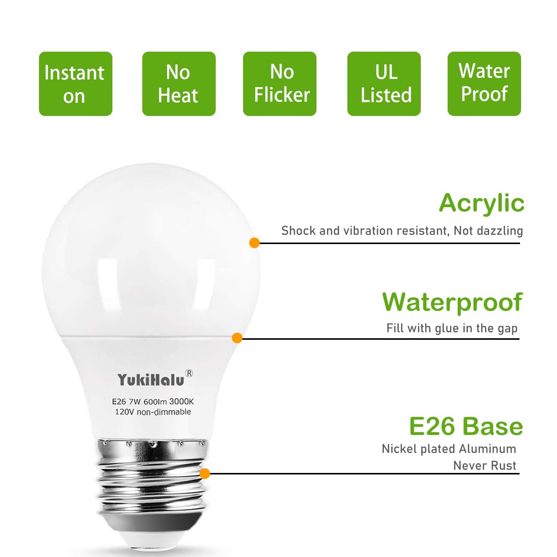 YukiHalu A15 LED Light Bulbs 60W Equivalent E26 Base 7W 600 Lumens Pack of 4 5000K Daylight White UL Listed Not Dimmable