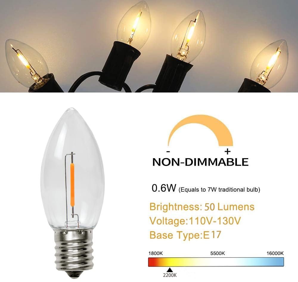 Kly 50 - Pack C9 Led Christmas Light Bulb, Plastic Shatterproof C9 Replacement Edison Bulbs, 0.6W Equivalent To 4W 5W 6W 7W Led