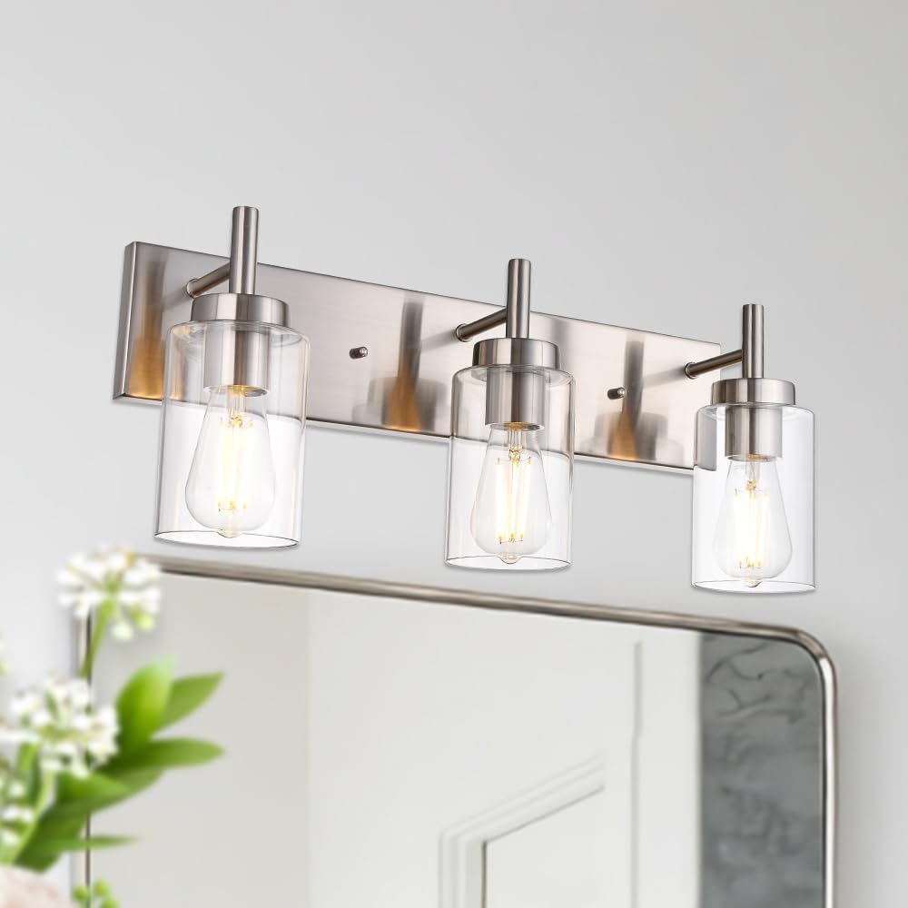 Vinluz Vanity Bathroom Light Fixture Brushed Nickel 3 Lights Modern Wall Sconce Lighting With Clear Glass Shade Vintage Rustic P
