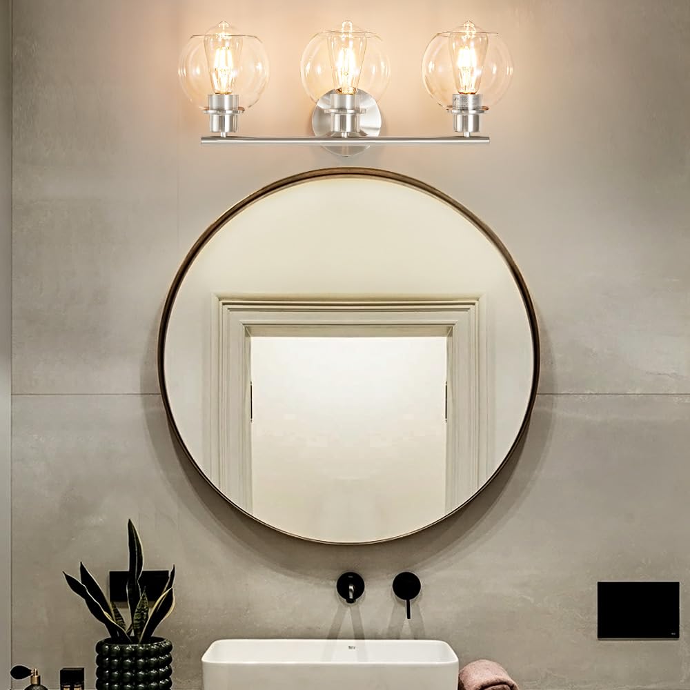 Lanmate Bathroom Vanity Light Fixture, 3-Light with Clear Glass Shade, 22 inch, Modern Brushed Nickel, Model 1746