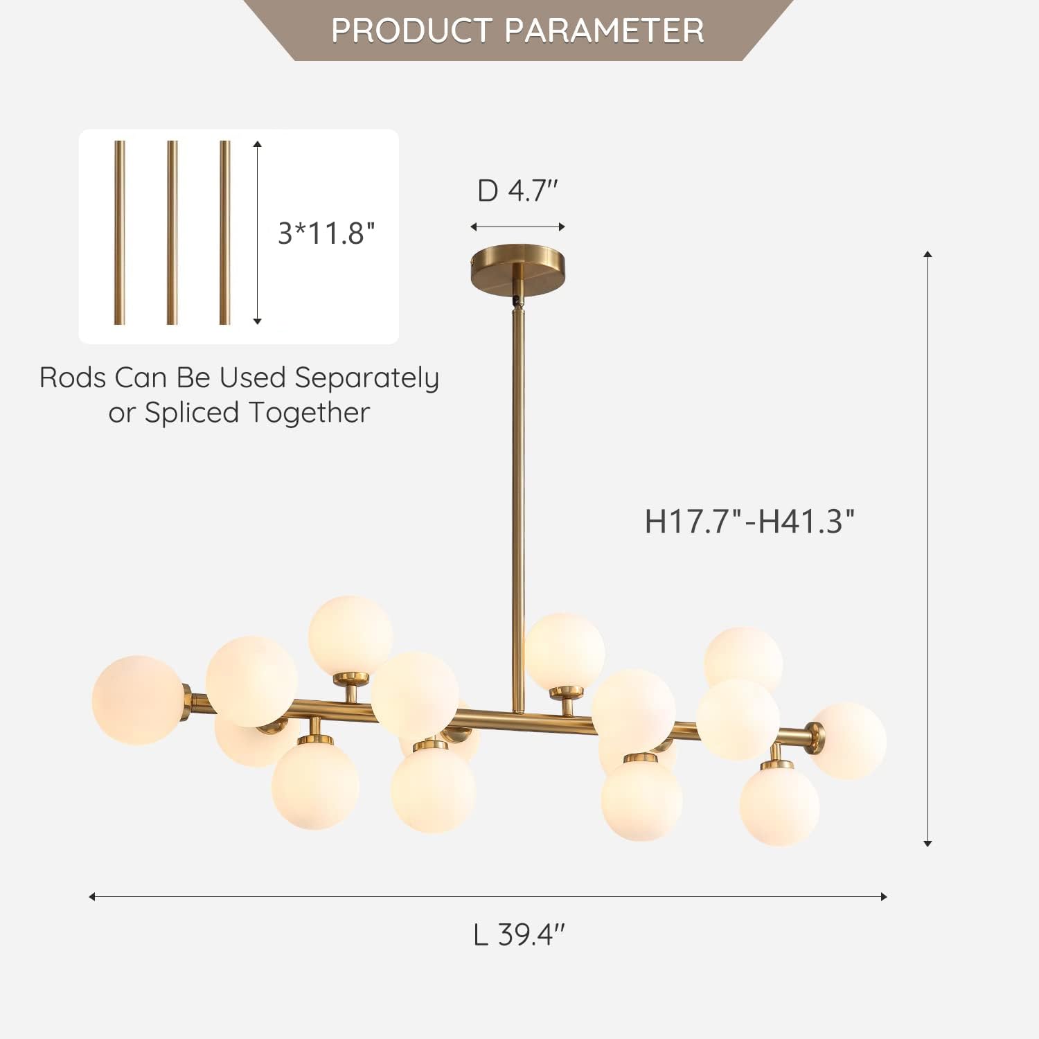 7PMBEANE 16-Light Globe Sputnik Chandelier, Brass Pendant Lighting for Dining Room & Kitchen Island, Modern Mid Century Design