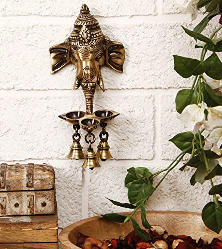 Two Moustaches Brass Ganesha Wall Hanging Diya with Bells for Home Decor, Brass Hanging Diyas Oil Lamp, Diwali Gifts, Diyas for
