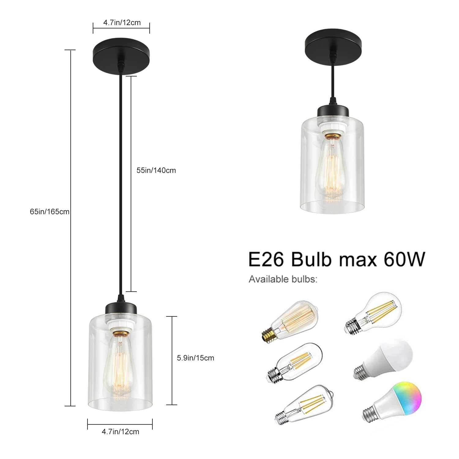 CAFULAM Modern Black Farmhouse Pendant Light, Glass Shade, Adjustable, 1 Pack, Model 22