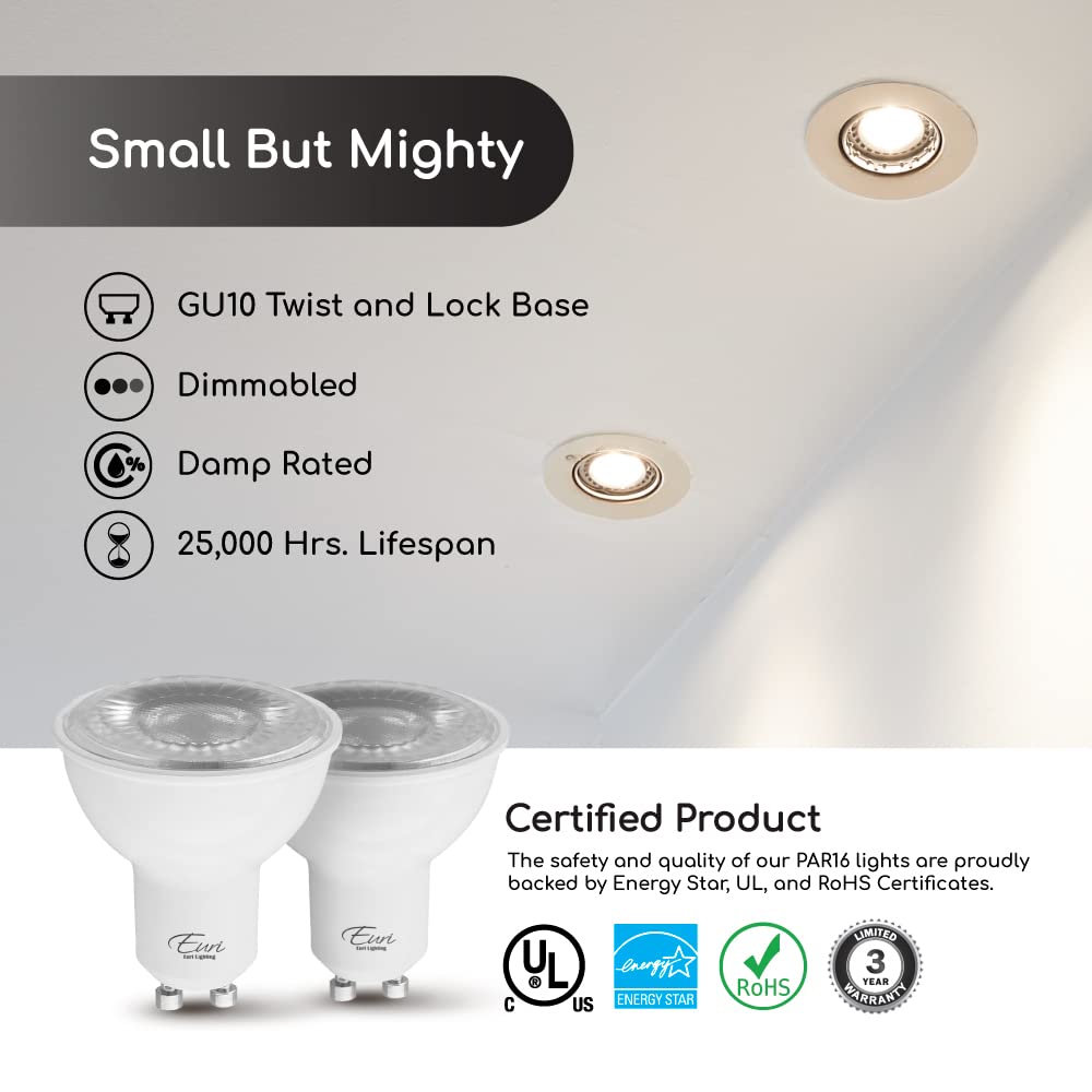 Euri Lighting Ep16-7W5000Eg-2 Dimmable Led Par16 Gu10 Base, 7W (50W Equal), Soft White (3000K), 500Lm, 80Cri, 40 Beam Angle, Dam