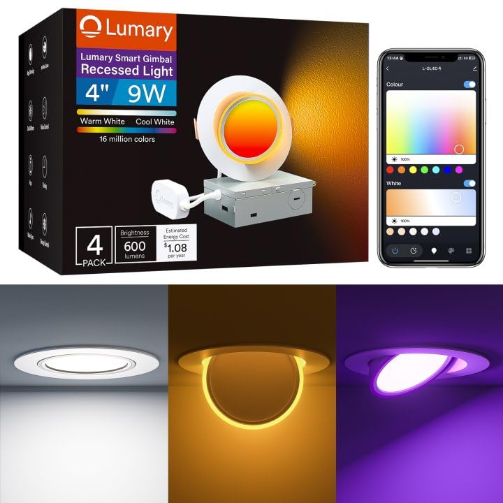 Lumary 4 Inch Smart Gimbal Recessed Lighting Ultra with 2200k Night Light,270+90Rotatable LED Recessed Lights, 9W 600LM Angled A