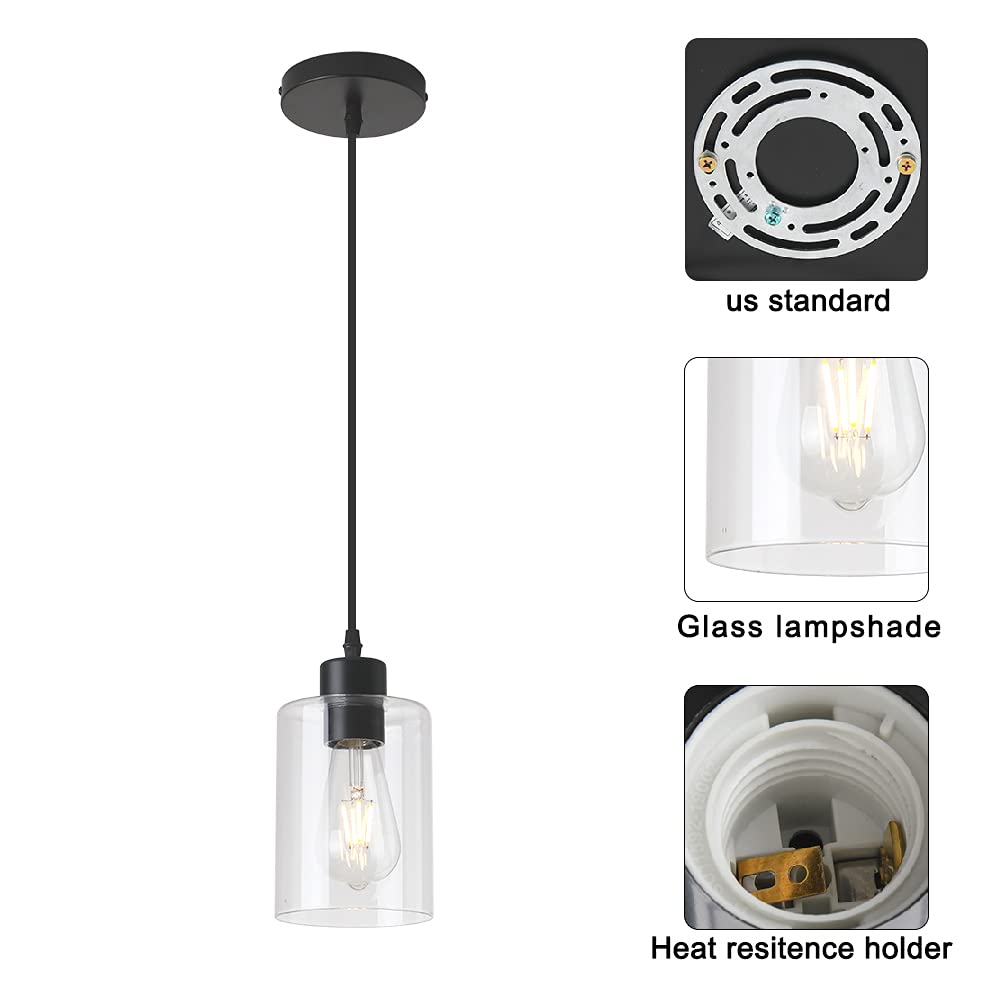 Klss Modern Black Farmhouse Clear Glass Cylinder Pendant Light Fixture,Mini Pendant Lighting For Kitchen Island Decor - 4.75 Inc
