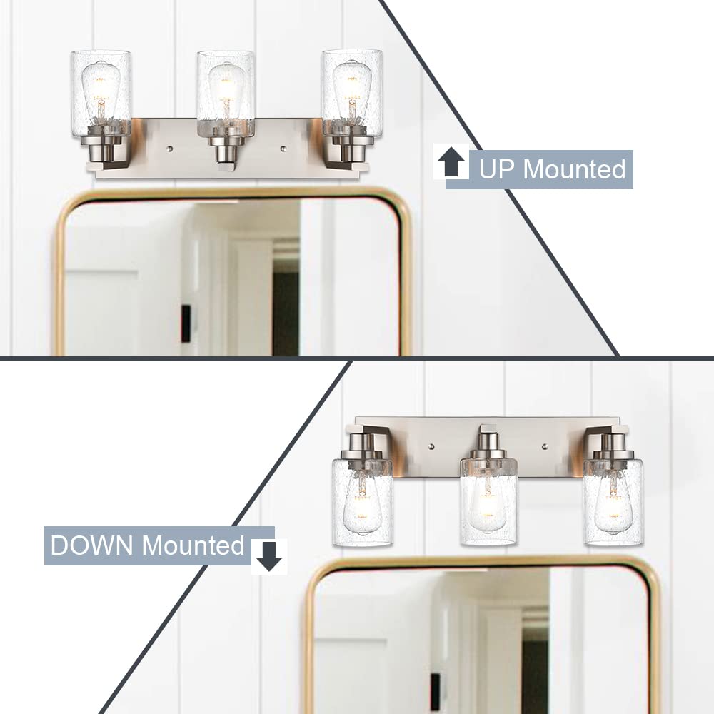 WINSHEN Bathroom Vanity Light, 3-Lights Metal Wall Fixture, Brushed Nickel, 23.6-Inches, Model SG-501-3L-SN, Seeded Glass Shades