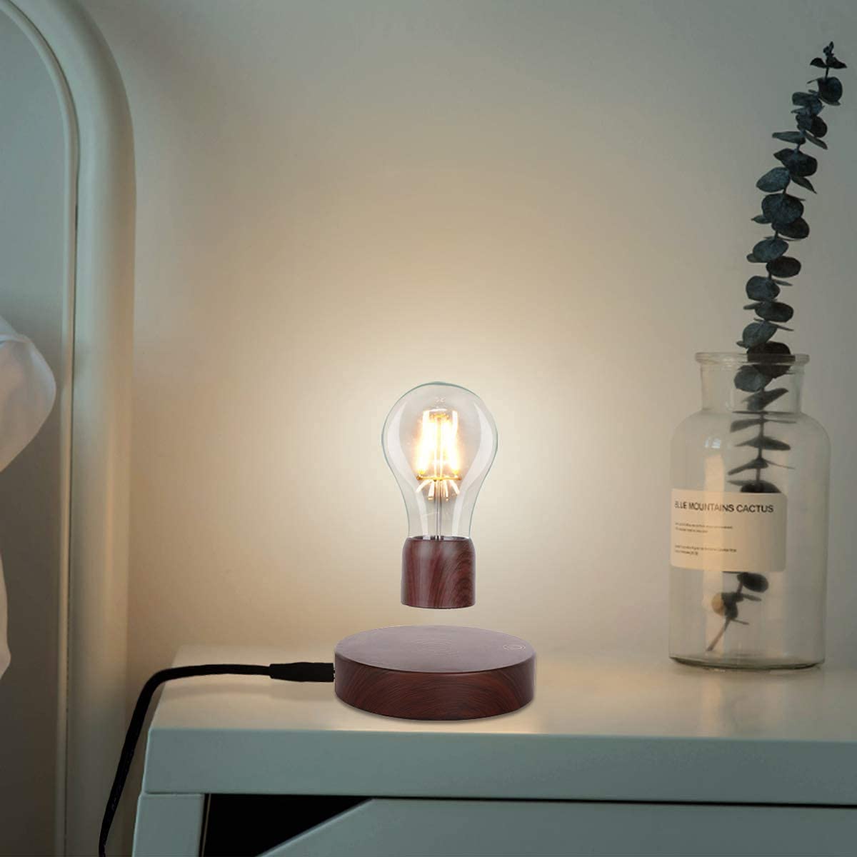 VGAzer Magnetic Levitating LED Light Bulb Desk Lamp, Round Wooden Base, Deep Brown Color, Model B07926F64D01