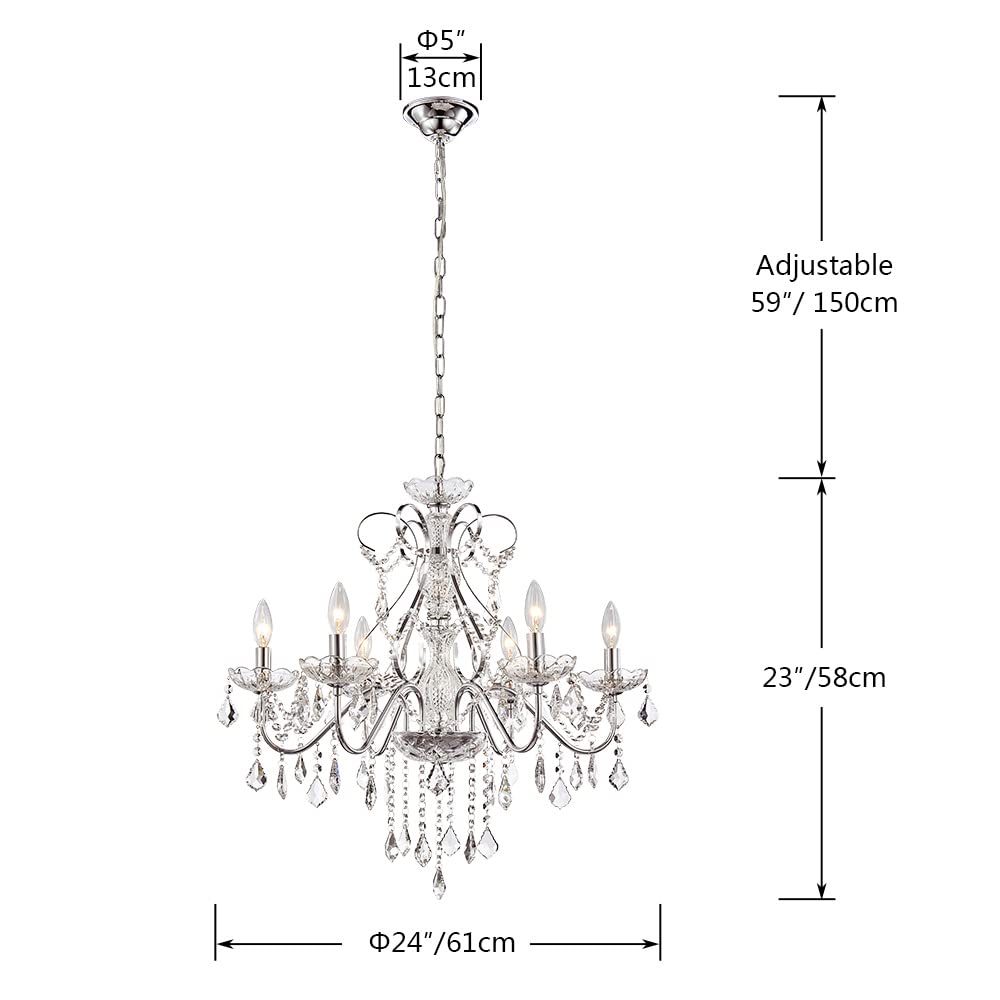 SM Saint Mossi 6-Light Crystal Chandelier, Modern Raindrop Pendant Lighting, H23" x D24", Chrome Finish, Model SM-DY-16076