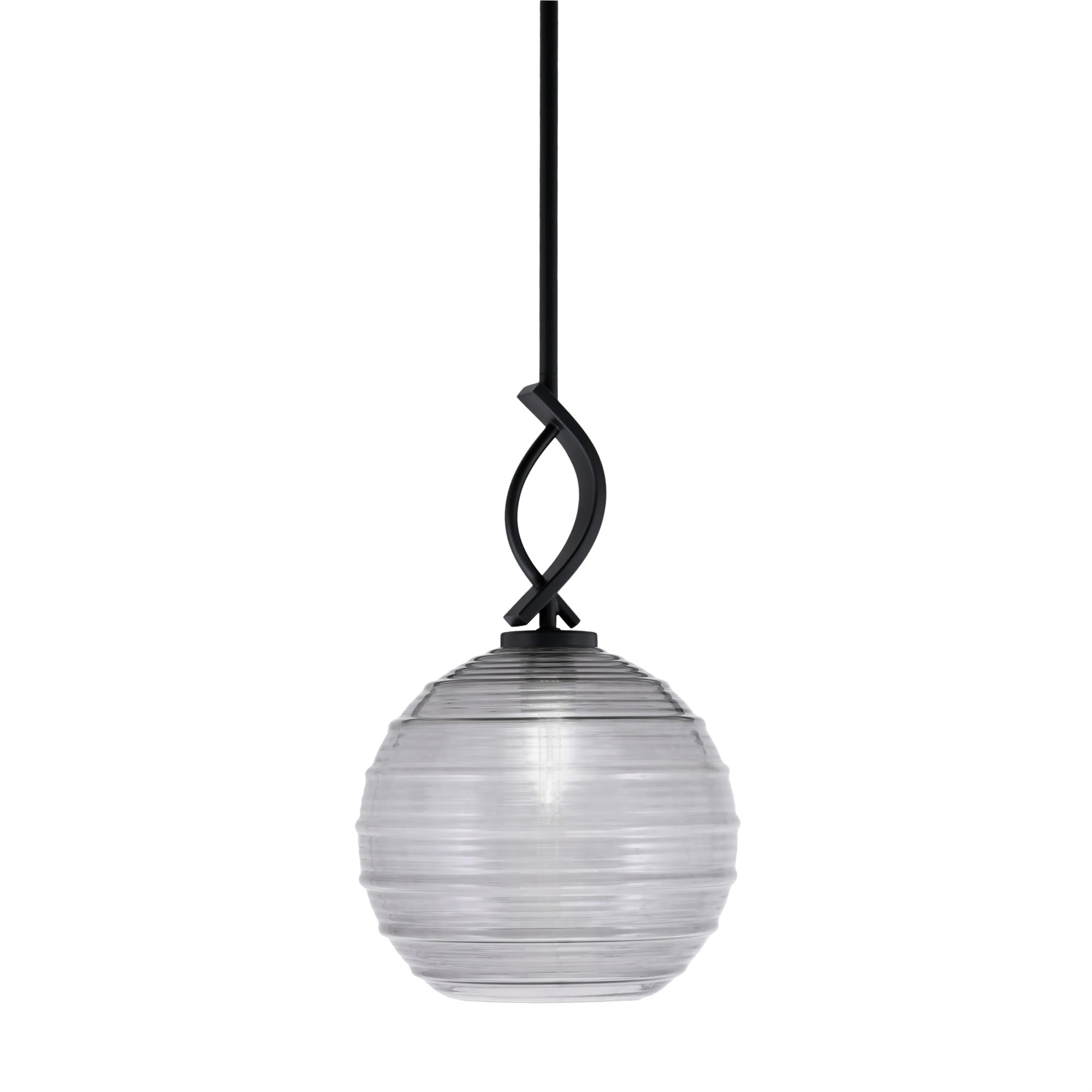 Cavella 1 Light Stem Mini Pendant Shown in Matte Black Finish with 10&quot; Smoke Ribbed Glass