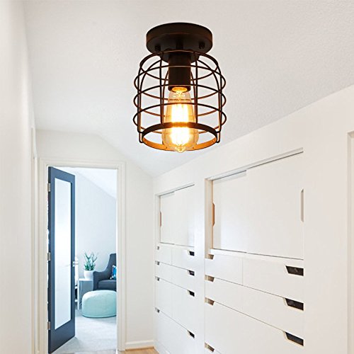 Create For Life® Industrial Vintage Flush Mount Ceiling Light,Rustic Metal Cage Pendant Lighting Lamp Fixture For Hallway Stairway Kitchen Garage, E26, Black Painting Finish