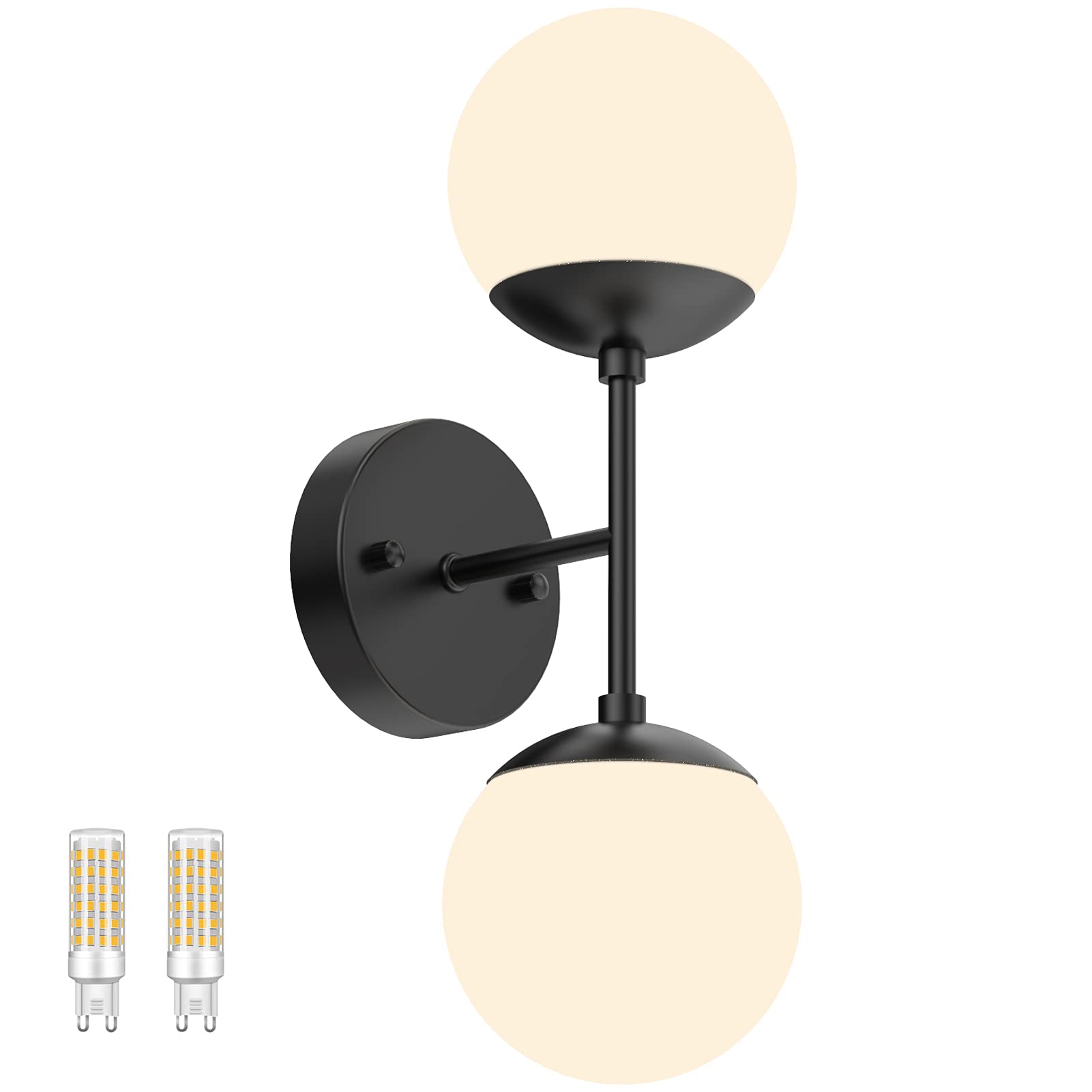 Tipace Black Wall Sconce, Modern Globe Design, 2 Lights, enhanced Glass, 3000K, Model 020