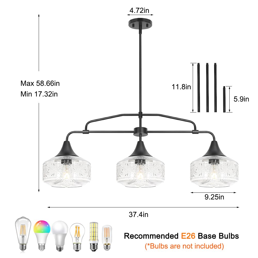 DSMJFU Black 3-Light Farmhouse Kitchen Island Pendant Light, Adjustable 37.4in Metal Fixture with Clear Glass for Dining Room, Model 250614