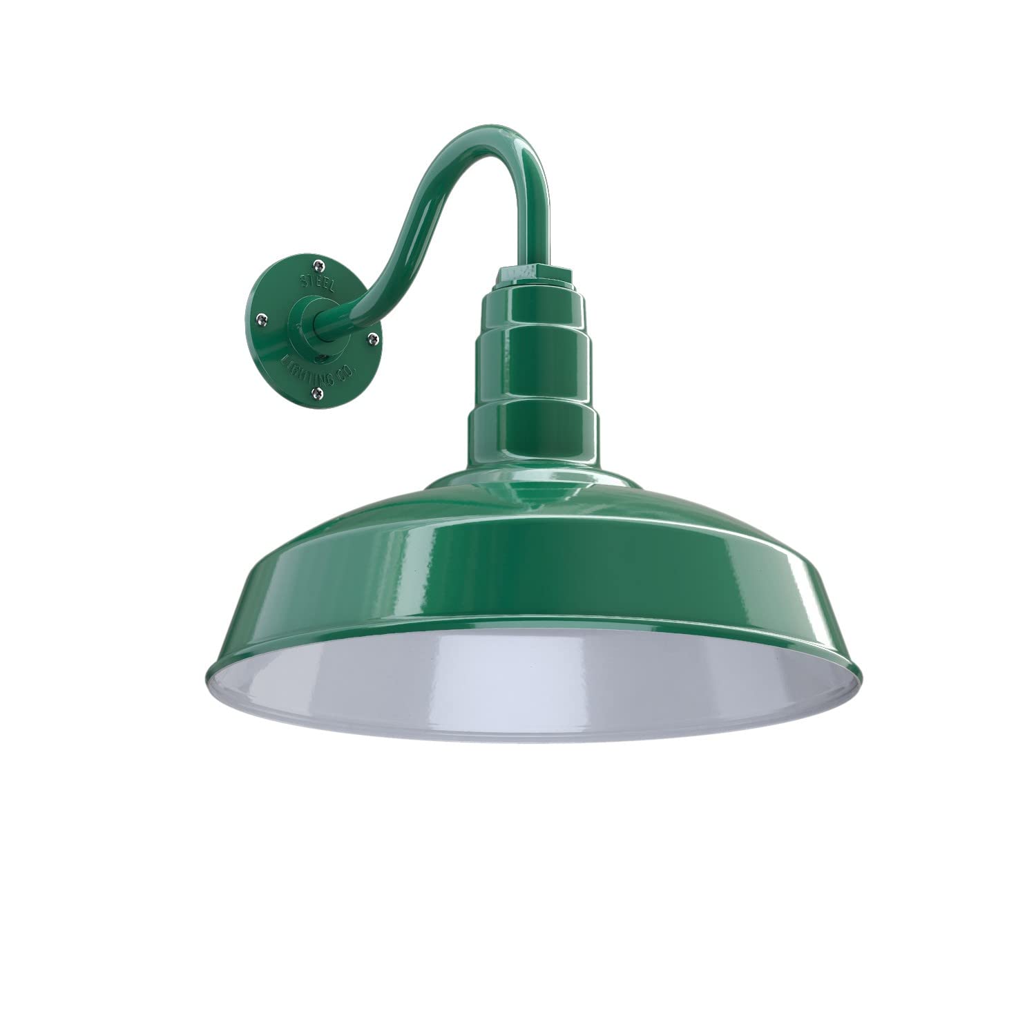 Steel Lighting Co. Gardena Barn Light, 16in Dome, 11in Gooseneck, Dusk to Dawn, Green Exterior/White Interior, Made in America
