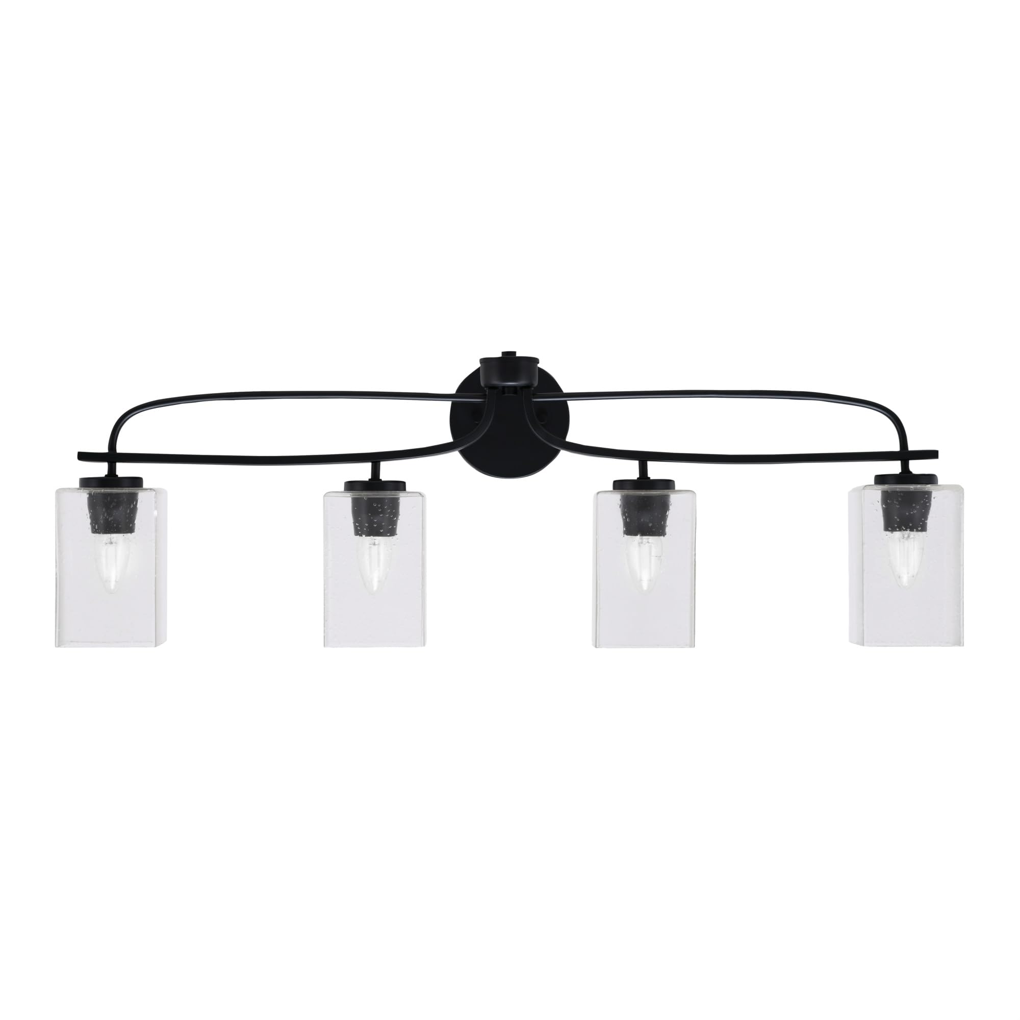 Cavella 4 Light Bath Bar Shown In Matte Black Finish With 4" Square Clear Bubble Glass