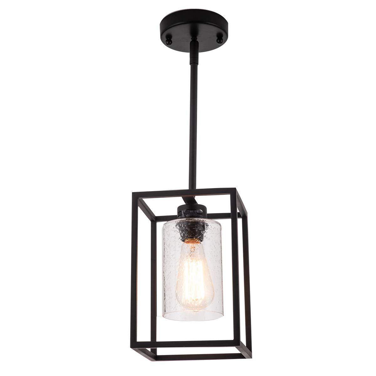 Viluxy Black Pendant Lights Kitchen Island Farmhouse Seeded Glass 1-Light Dining Room Pendant Lamp Fixtures Metal Cage Hanging L