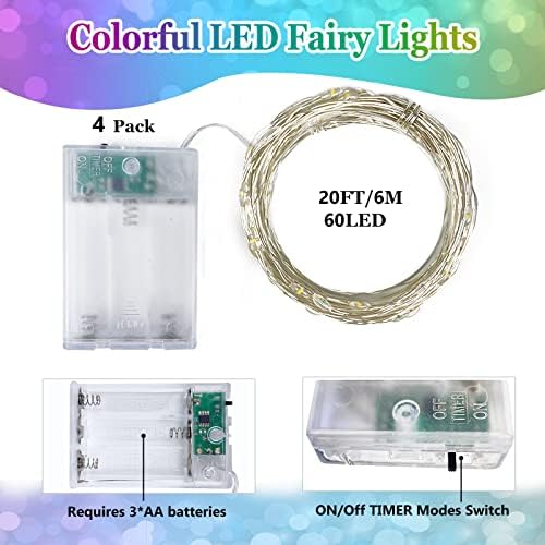 4 Pack 20Ft 60Led Battery Operated Fairy Lights With Timer, Waterproof Battery String Lights Outdoor Indoor, Twinkle Light For B