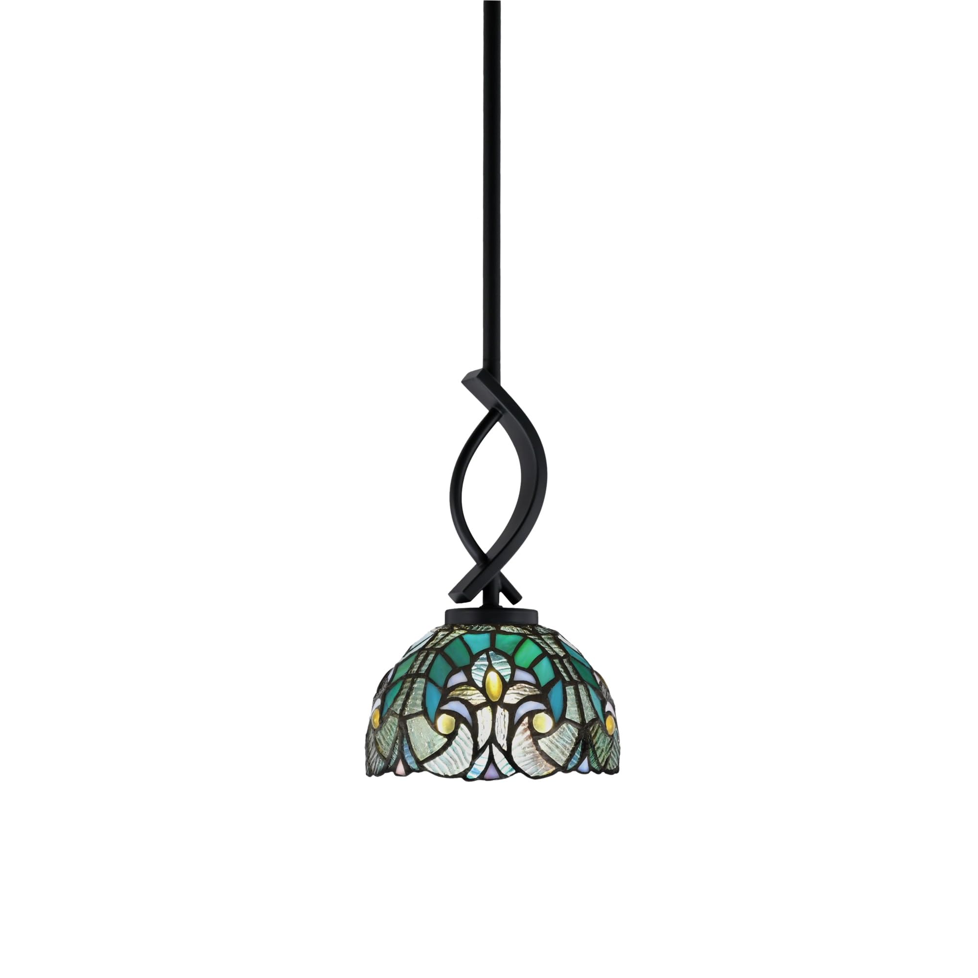 Cavella 1 Light Stem Mini Pendant Shown in Matte Black Finish with 7&quot; Turquoise Cypress Art Glass