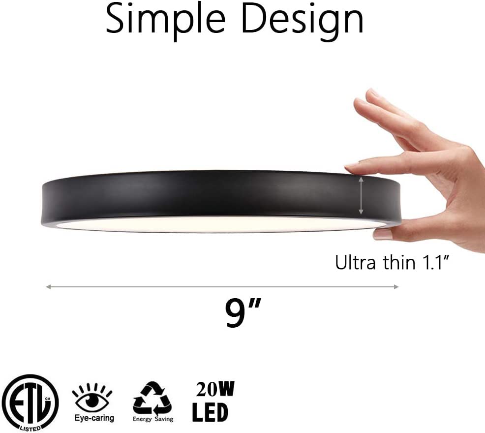 Sottae 9 Inch Low Profile Led Ceiling Light,Black Metal Bathroom Light Fixtures Ceiling Mount, 3000K-5000K 20W,1.1 Inch Ultra-Thin Black Ceiling Light Fixture For Bathroom Hallway Entryway Bedroom