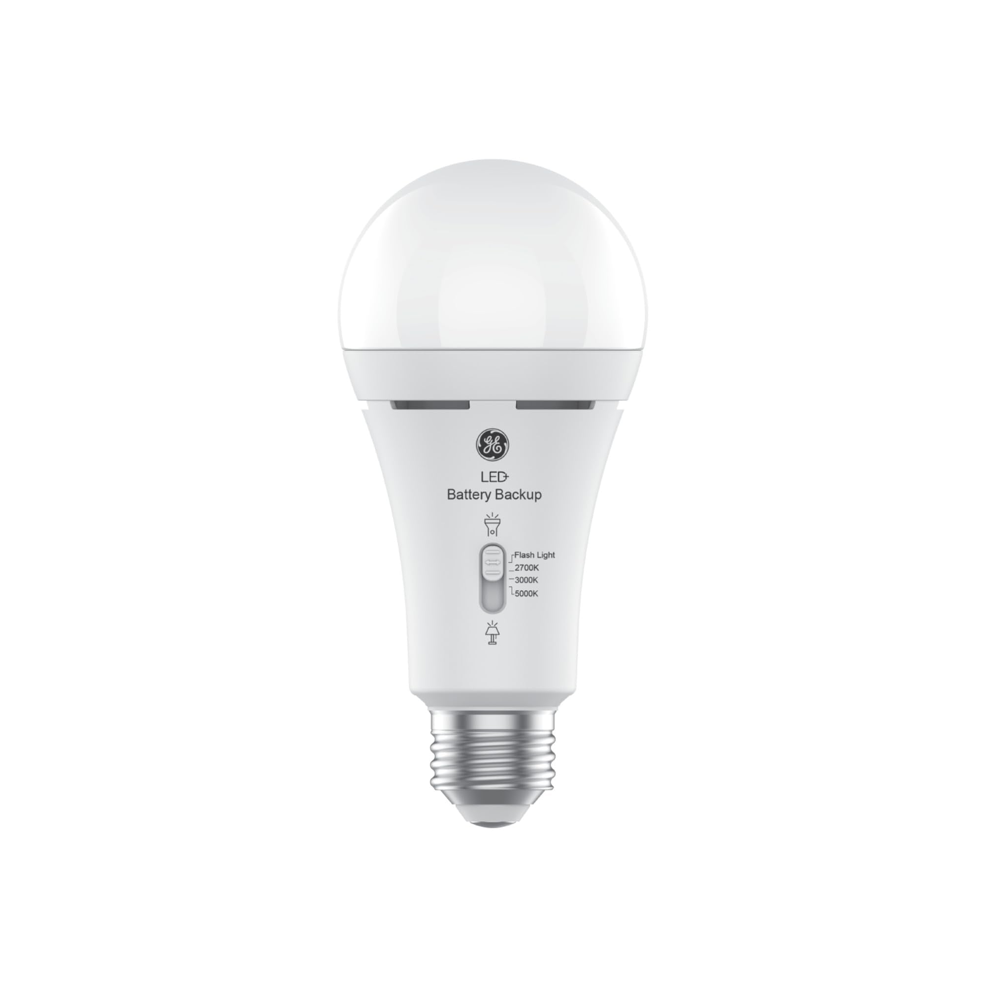 GE LED+ Backup Battery LED Light Bulbs, A21 Rechargeable, 3 Color Temperatures, 2 Pack, White, Model 93131819