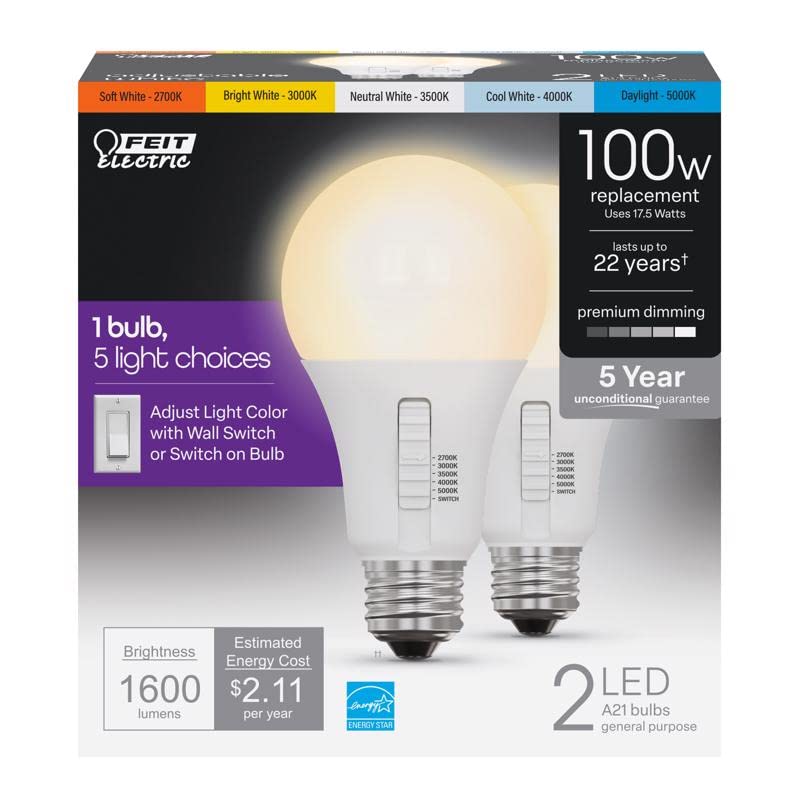 Feit Electric A21 LED Light Bulb, 100W Equivalent, Dimmable, E26 Base, 1600 Lumens, Tunable White, 2 Pack, OM100DM/
