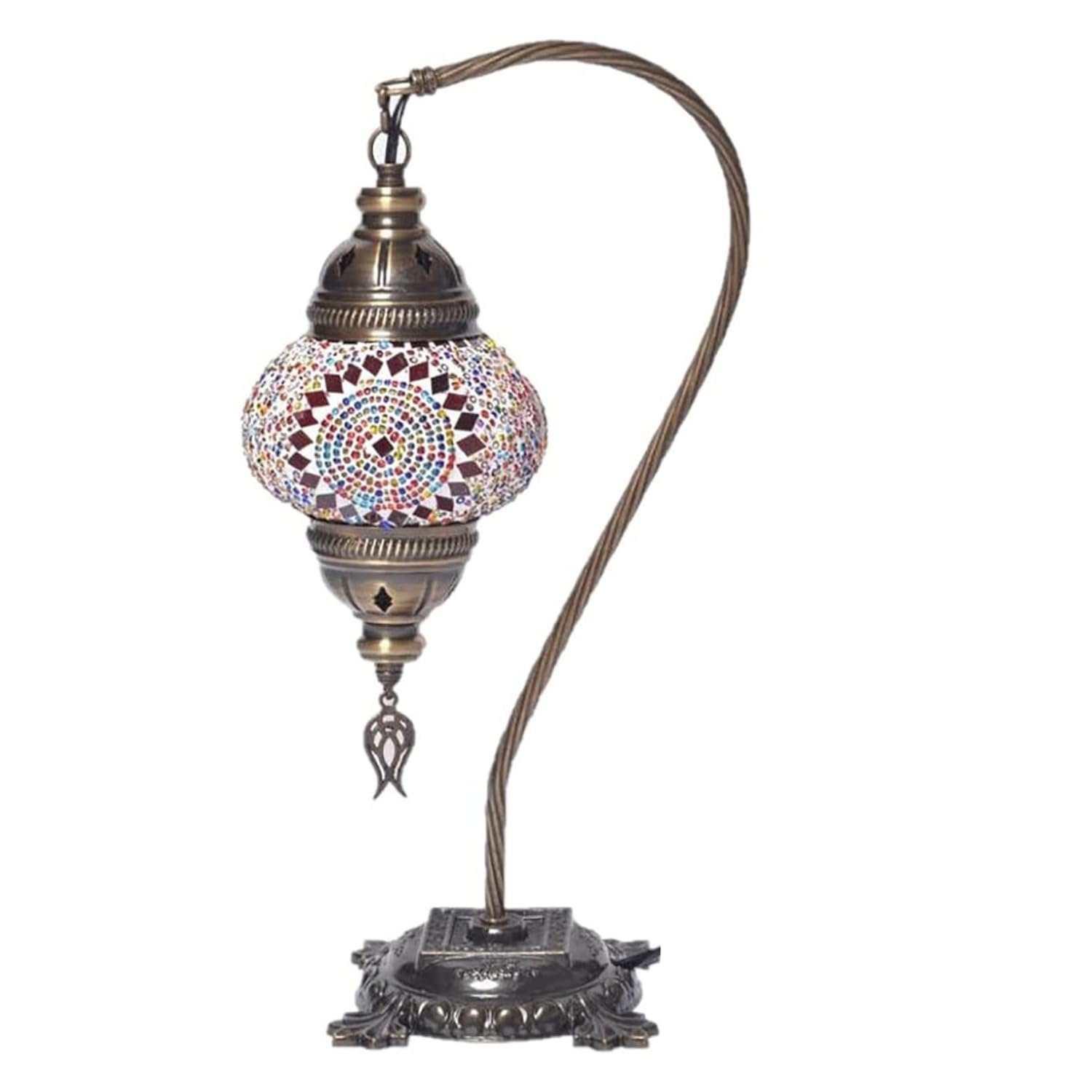 Kafthan Turkish Moroccan Mosaic Lamp - Handmade Glass Bedside Lamp, Antique Brass Base, Multicolor Center Circle, Model KH-MSNML48908