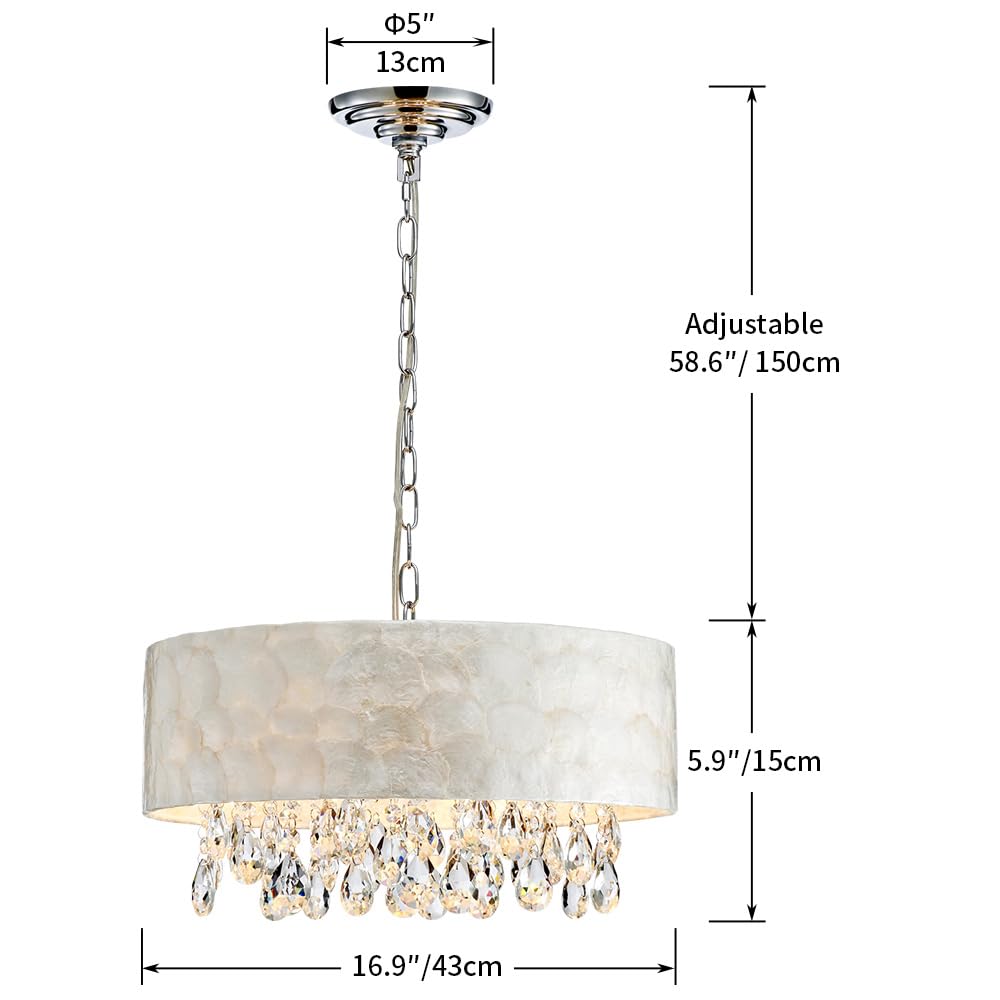 AGV LIGHTING CH020 Capiz Shell Pendant Light, Modern K9 Crystal, 4 E12 Sockets, D17xH6, Adjustable 59" Chrome Chains, White & Clear
