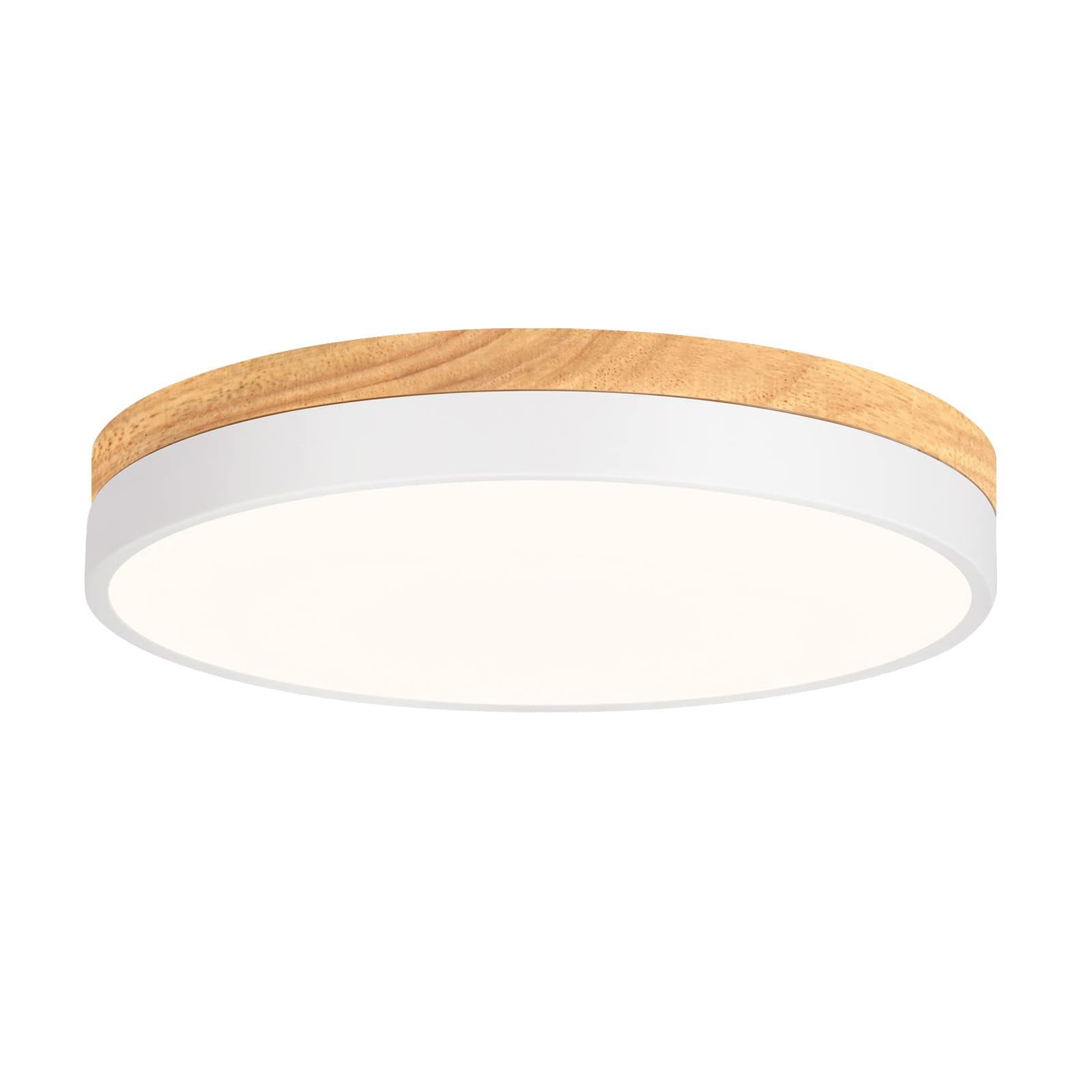 Vikaey Modern Wood Led Ceiling Light Fixture, Minimalist White Flush Mount Ceiling Lights, 4000K Round Ceiling Fixtures For Bedr