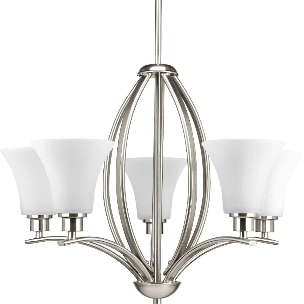 Joy Collection 5-Light Etched White Inside Glass Traditional Chandelier Light Brushed Nickel